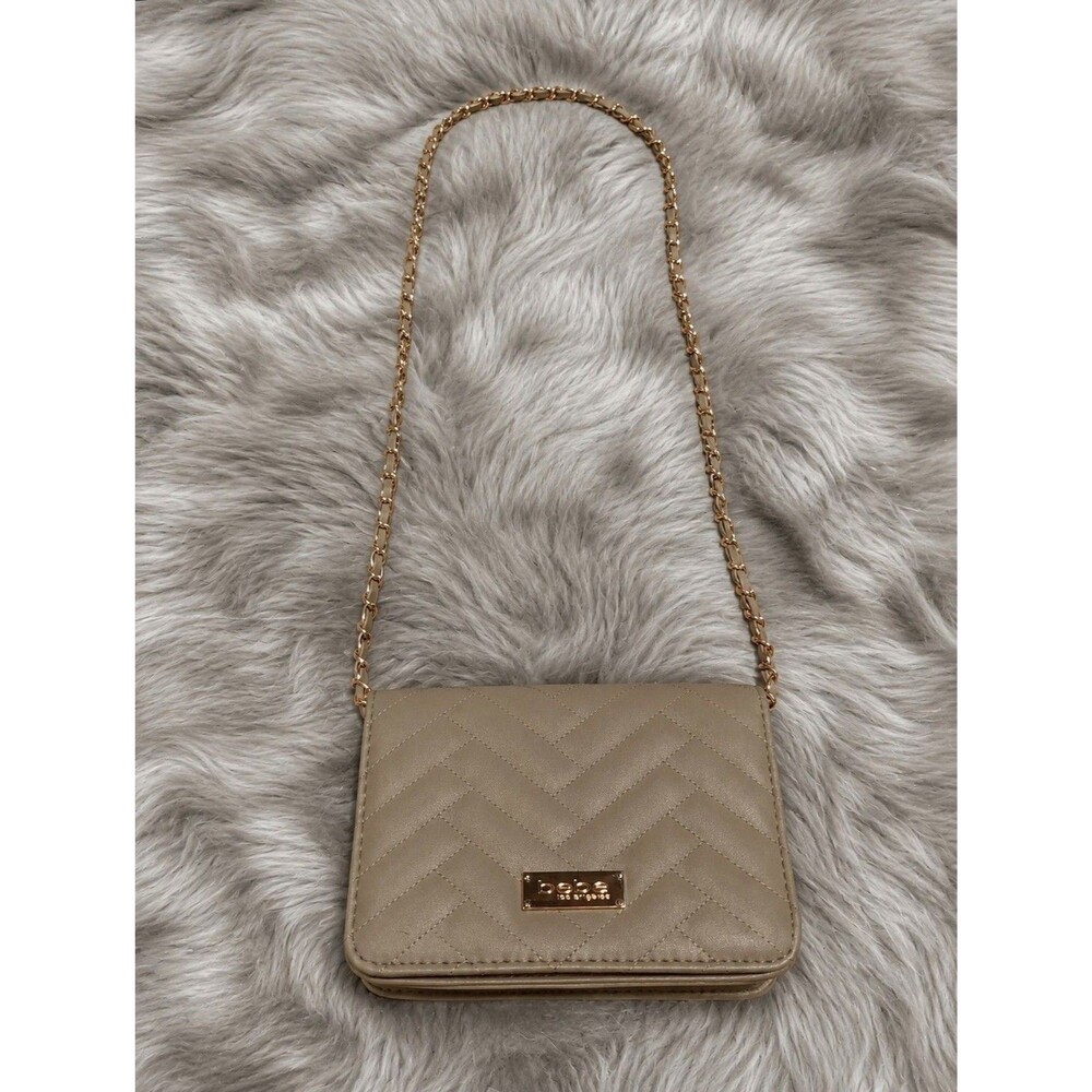 Bebe Beige Brown Quilted Crossbody Shoulder Bag with Gold Chain Strap